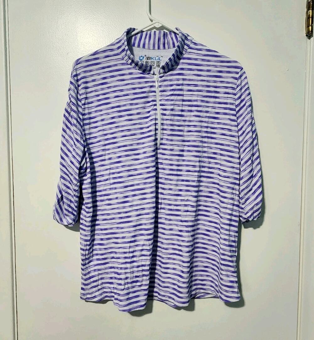 Ibkul Women's XXL Top Landon Stripe Ruched Elbow Sleeve Lavender/White UPF 50+